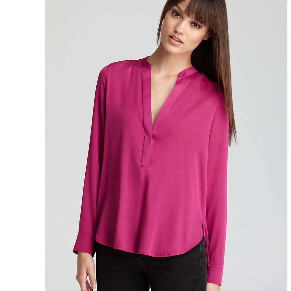 Vince Fuchsia Pink V-Neck Long-Sleeve Blouse